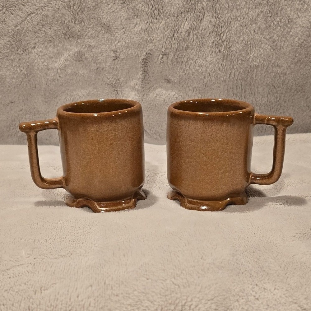 Vintage Frankoma Brown Stoneware Mini Mug Set Scalloped Base MCM 2.75"